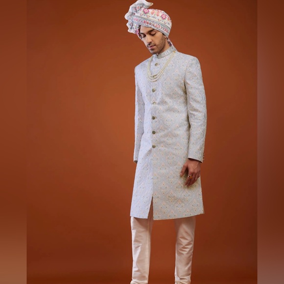 Powder Blue Floral Embroidered Sherwani Set In Silk for Men - Picture 2 of 5